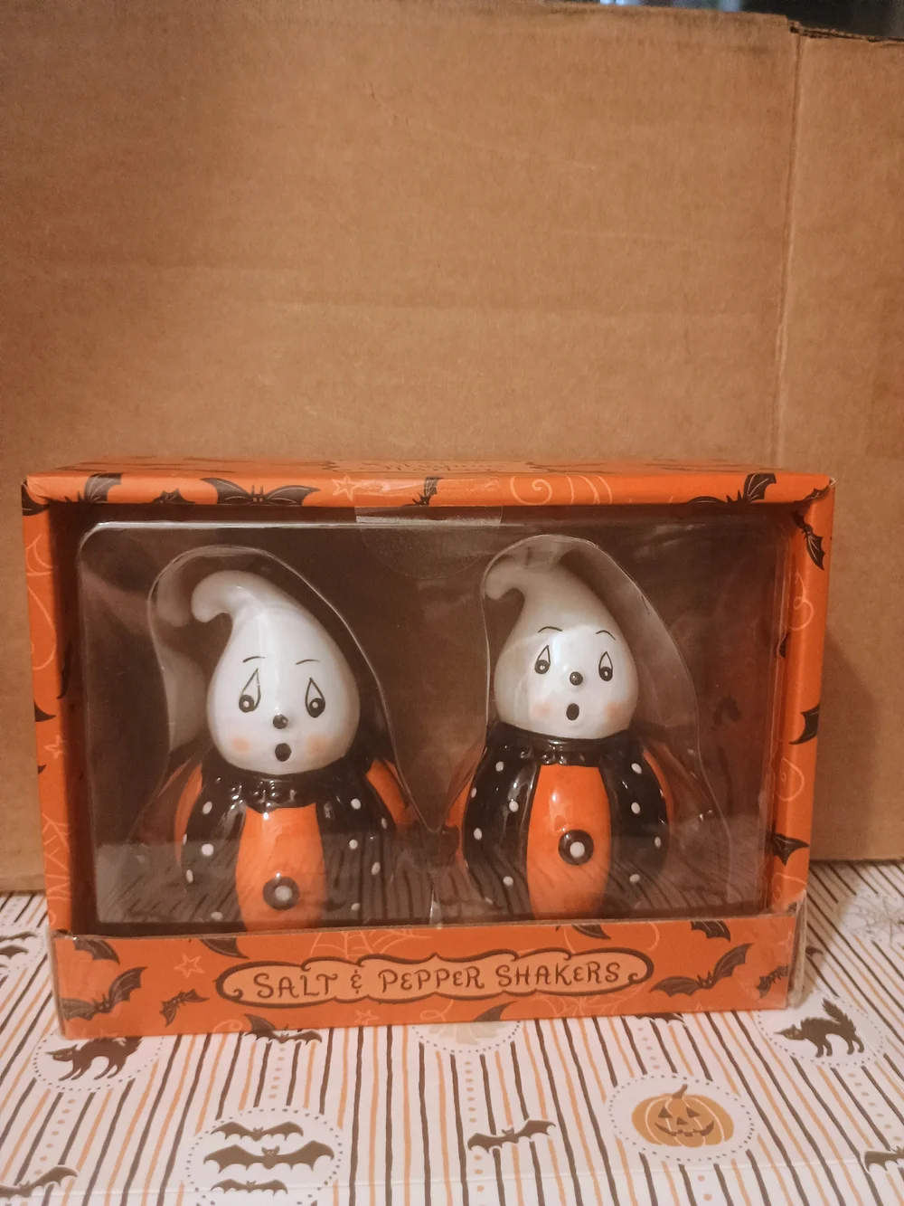 Halloween Ghost Salt & Pepper Shaker Set - Orange and White